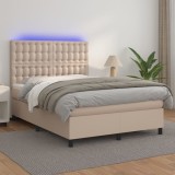 VidaXL Pat cu arcuri, cu saltea și LED cappuccino 140x190 cm piele eco