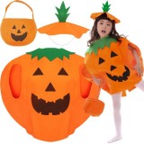 Costum de Halloween pentru Copii, Dovleac cu Pălărie și Geantă, Portocaliu/Verde, 68.5x85.5 cm