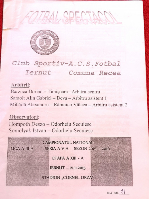 Program meci fotbal CS IERNUT - ACS Fotbal RECEA (21.11.2015)