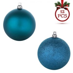 Set Globuri Crăciun, 12 Bucăți, Turcoaz, Mat, Glitter, 7cm, Plastic