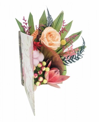 Aranjament floral personalizabil, Eventissimi, cutie cadou, carte, trandafir criogenat, licheni si plante uscate multicolor foto