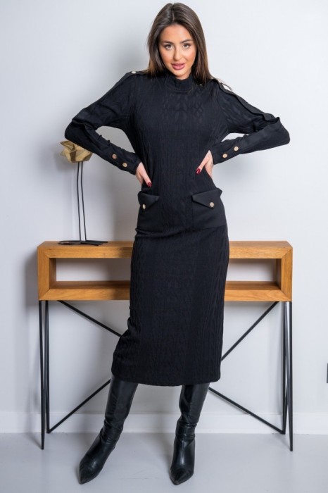 Rochie neagra lunga cu maneci si curea in talie