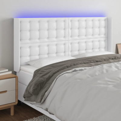 vidaXL Tăblie de pat cu LED, alb, 203x16x118/128 cm, piele ecologică foto
