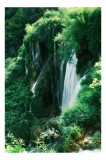 Tablou Canvas, "Cascada naturii &icirc;n lumină verde", Cascadă, Vegetație, Roci, Apă, Verdeață, Natură, Lumină., 26 x 39 cm, CMCLASS