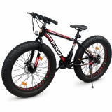 Cumpara ieftin Bicicleta Fat Bike 26 inch, 21 viteze, schimbator Shimano, anvelope 4 inch, frane pe disc, negru rosu