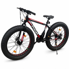 Bicicleta Fat Bike 26 inch, 21 viteze, schimbator Shimano, anvelope 4 inch, frane pe disc, negru rosu