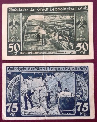 Germania lot 2 notgeld 50 + 75 pfennig 1921 Leopoldshall ** foto