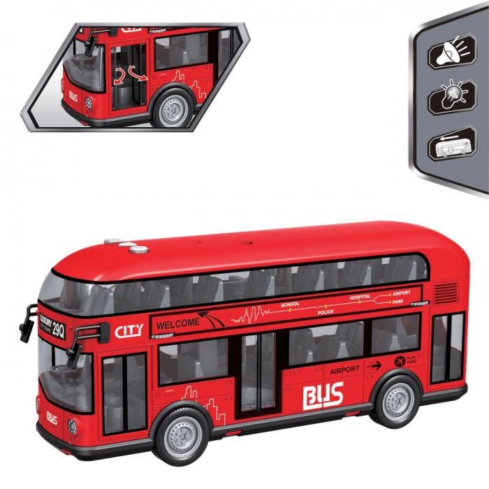 Autobuz Jucărie, Model Două Etaje, Sunet și Lumini, Roșu, Baterii Incluse