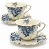 Serviciu Portelan Vintage 2 Cesti si farfurii BLUE FLOWERS