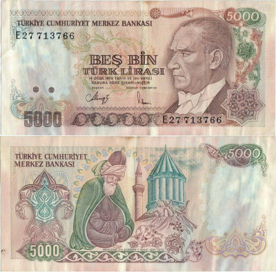 1988 , 5,000 turkish lira ( P-197a.2 ) - Turcia foto