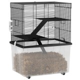 PawHut Cușcă pentru Hamsteri cu 3 Niveluri, Bază Ad&acirc;ncă, Roți Rampe, Bol și Sticlă, 58x43x74 cm, Negru | Aosom Romania