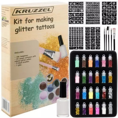 Kit tatuaje cu sclipici, 186 modele, 24 culori, rezistente 3-7 zile, waterproof, non-toxice, non-alergice foto