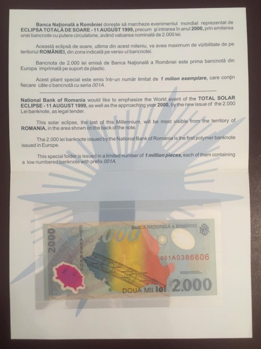 Romania 2000 lei 1999 pick 111b eclipsa in folder BNR