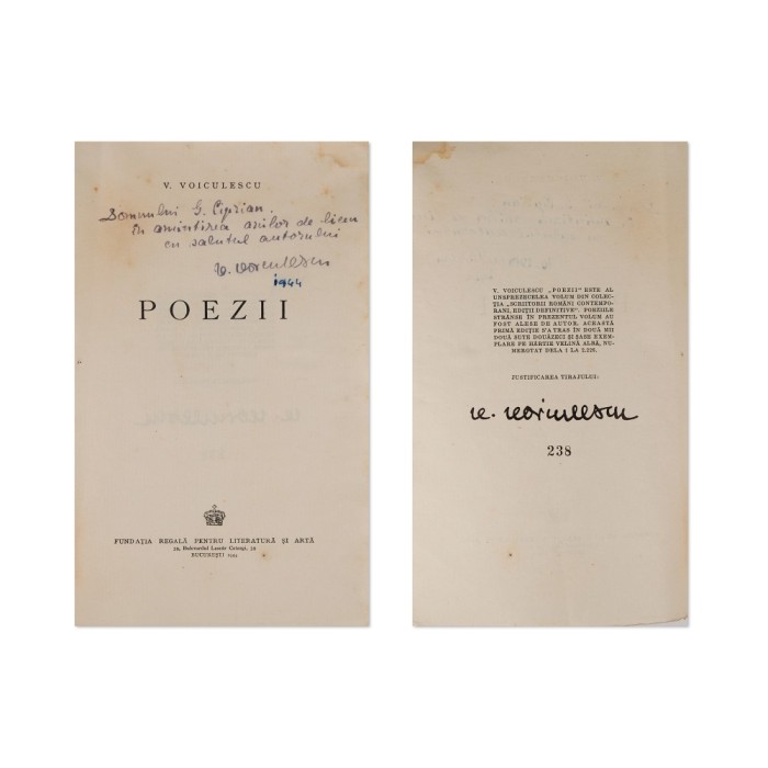 V. Voiculescu, Poezii, 1944, cu dedicație olografă, exemplar numerotat