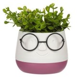 Ghiveci decorativ cu fata zambitoare si planta artificiala, 9.5x9.5x14cm, Alb, CMCLASS