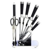 Set cutite cu 8 piese, confectionate din inox, cu lama din otel inoxidabil, manere erogonomice, cu suport, foarfeca si pila de ascutit