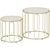 HOMCOM Set 2 măsuțe de cafea rotunde, suprapozabile, din sticlă securizată, cadru metalic, pentru living și birou, auriu | Aosom Romania