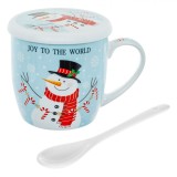 Set Cani Crăciun Porțelan, Om De Zăpadă, Capacitate 350ml, Bleu, 3 Bucăți, Capac 9.5cm, Linguriță 12cm