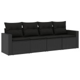 Set mobilier de gradina cu perne, 4 piese, negru, poliratan