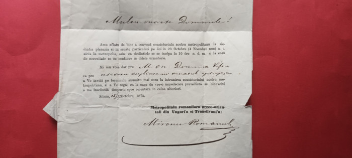 Sibiu Corespondenta Brasov 1875 Semnata de Patriarh Miron Cristea Miron Romanul