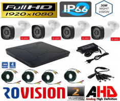 Sistem supraveghere video 4 camere exterior 2MP, 1080P full hd IR 30m, DVR 4 canale, accesorii full, live internet foto