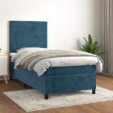 Cumpara ieftin Pat box spring cu saltea, albastru &icirc;nchis, 90x190 cm, catifea