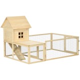 PawHut Cusca de interior din molid cu tava detasabila, 3 usi si zona exterioara, 151,5x106x97 cm, culoare lemn | Aosom Romania