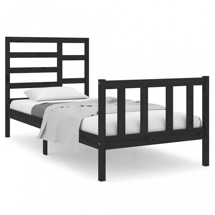Cadru de pat mic single, negru, 75x190 cm, lemn masiv