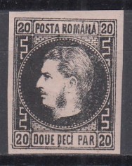 ROMANIA 1866/1867 LP 20 c CAROL FAVORITI 20 PARALE NEGRU/ROZ HARTIE SUBTIRE GUMA ORIGINALA SARNIERA POINCON