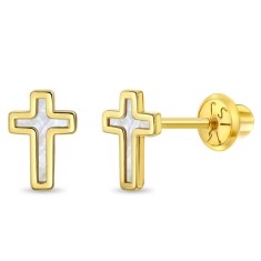Cercei din Aur 14k cu Cruciulita, sidef de perla pentru Fetite, cu Inchidere Sigura cu Surub