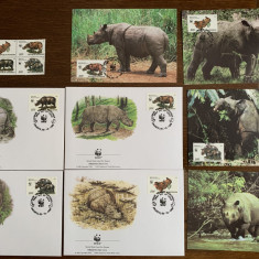 indonezia - rinocer - serie 4 timbre MNH, 4 FDC, 4 maxime, fauna wwf