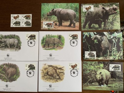 indonezia - rinocer - serie 4 timbre MNH, 4 FDC, 4 maxime, fauna wwf foto