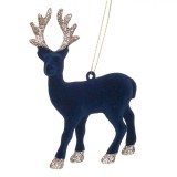 Ornament Brad Crăciun, Model Cerb, Culoare Bleu Catifelat, Detalii Glitter Bej, Lungime 13cm, Plastic, Oem