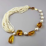 Cumpara ieftin Colier Amberia Chihlimbar Mexican &amp; Perle Cultură, Argint 925 placat aur, 50cm, Handmade Italy