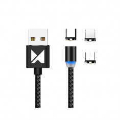 Cablu Incarcare USB - Lightning / USB Type-C / MicroUSB WZK, 1 m, Magnetic, Led, Negru WMC-01