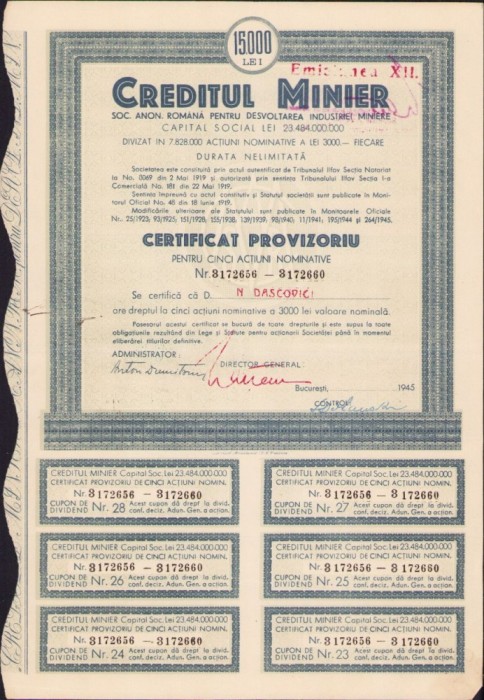 A544 Acțiune Creditul Minier pe numele academicianului Nicolae Dașcovici