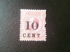 Timbru Suriname colonie olandeza 1898 supratipar 10 cent / 30c dantelura defecta dreapta