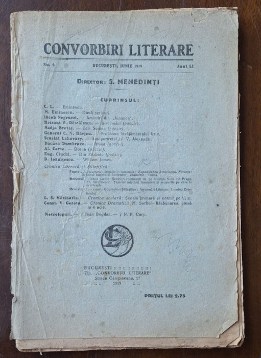 Convorbiri Literare &ndash; Nr. 6, iunie 1919 &ndash; &bdquo;Două scrisori ale lui Eminescu&rdquo; + ERATĂ