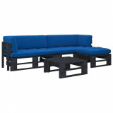 Set mobilier paleți cu perne, 4 piese, negru, lemn pin tratat