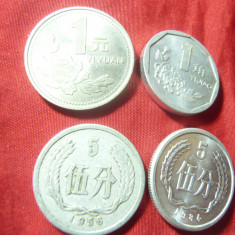 Lot 10 monede China 1956-1993 , 9 aluminiu +1 Ni , 7 cal.NC si 3cal. F.Buna