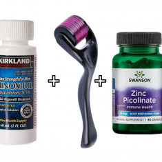 Minoxidil Kirkland 5%, 1 Luna Aplicare +Dermaroller + Zinc Picolinate, 22 mg