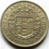 NOUA ZEELANDA 1/2 HALF CROWN 1945, GEORGE VI. ARGINT 500,KM#11 RARA