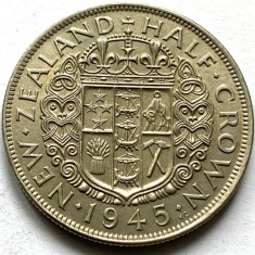 NOUA ZEELANDA 1/2 HALF CROWN 1945, GEORGE VI. ARGINT 500,KM#11 RARA foto