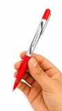 Pix cu gel rosu 0.5 mm, varf fin pentru scriere precisa, capac cu clips, corp transparent si grip pentru scoala, birou si notite