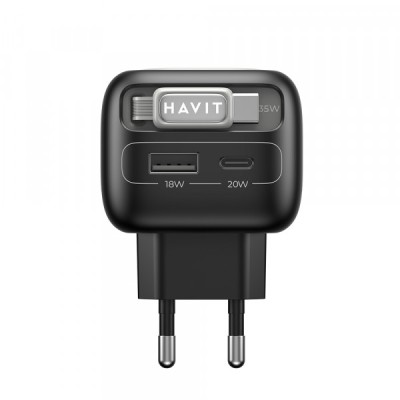 Incarcator Retea Cu Cablu USB-C HAVIT UC251, 35W, 3A, 1 x USB-A - 1 x USB-C, Negru Gri foto