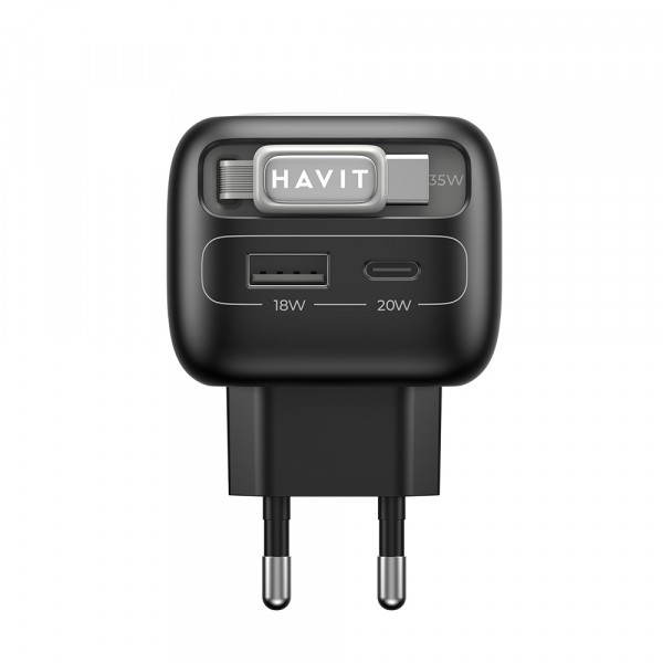 Incarcator Retea Cu Cablu USB-C HAVIT UC251, 35W, 3A, 1 x USB-A - 1 x USB-C, Negru Gri