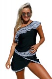 Costum Baie Dama 2 Piese Tankini cu Fusta, Negru, Uscare Rapida. Top Maieu 1 Umar, Burete. Marimi M, XL/XXL
