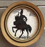Lucrare / desen in peniță și tuș, ramă de lemn rotundă diamentru 19 cm /decorativa / calaret / luptator / reprezentare ecvestra