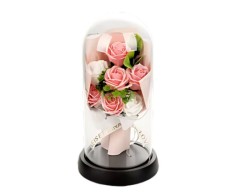 Trandafiri in cupola de sticla, lumini LED, roz, 11 x 21 cm
