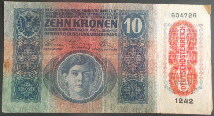 Bancnota istorica 10 COROANE - AUSTRO-UNGARIA (AUSTRIA), anul 1915 *cod 175